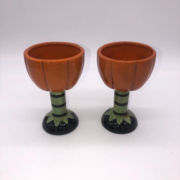 Johanna Parker Transpac Set Of 2 Jack O Lantern Pumpkin Goblets Halloween New - Picture 5 of 8